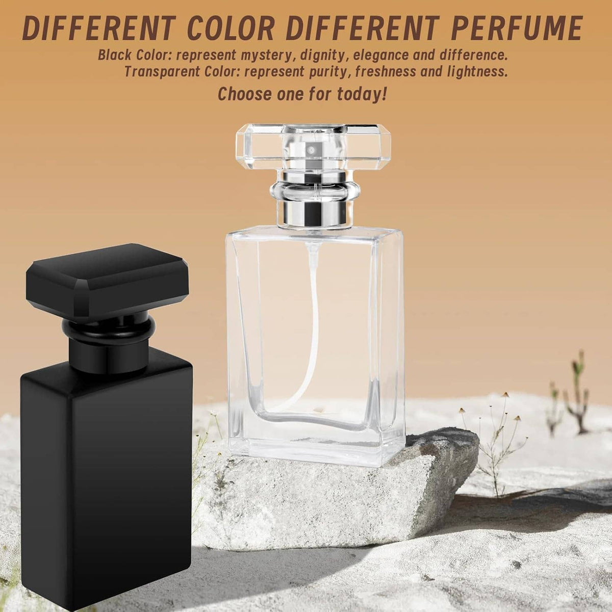 Clear perfume atomizer bottle with black pump sprayer and square cap