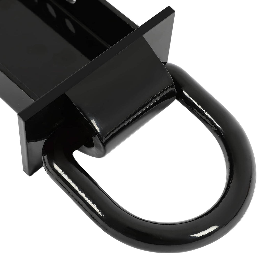 Close-up of black D-ring tied to a stake pocket bracket with curved metal base