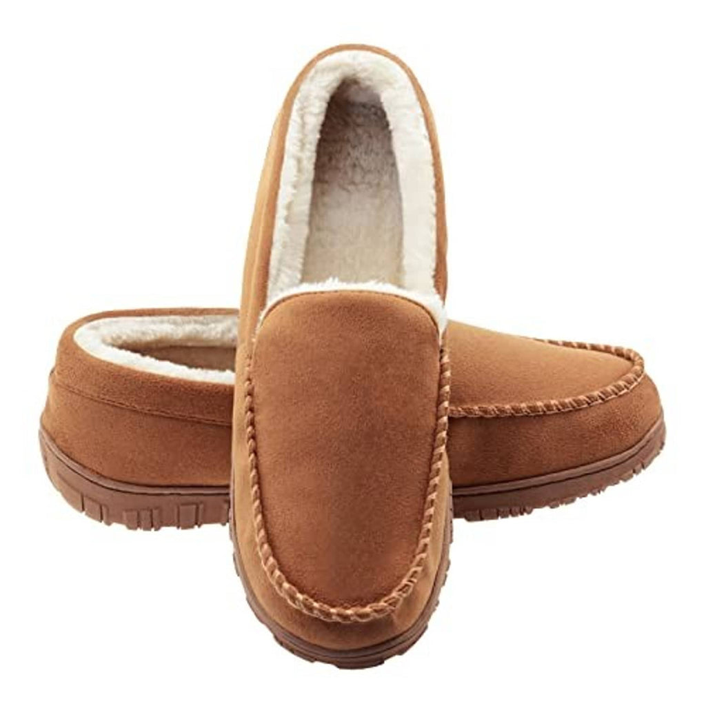 Pair of men's suede moccasin slippers, tan slip-ons with plush lining and tread sole