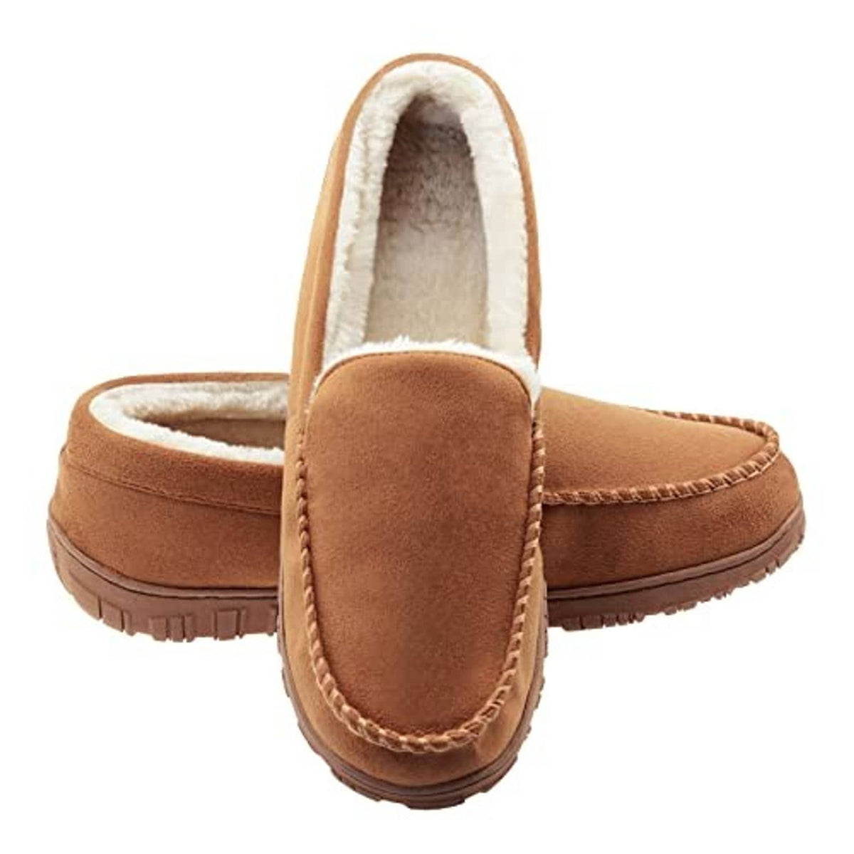 Pair of men's suede moccasin slippers, tan slip-ons with plush lining and tread sole
