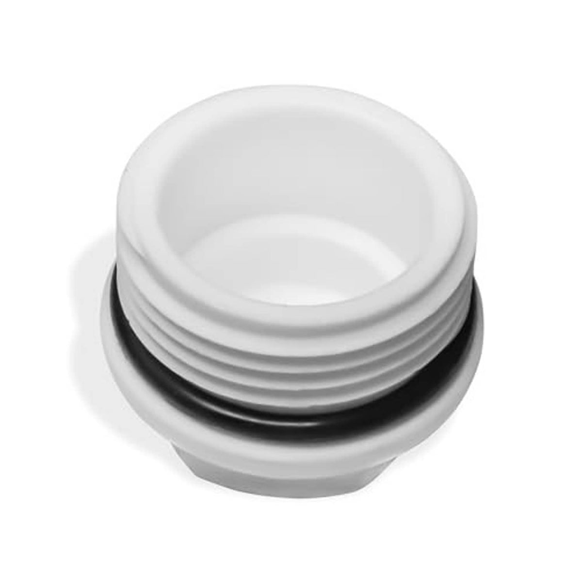 White PVC end cap, interior opening with black rubber sealing ring