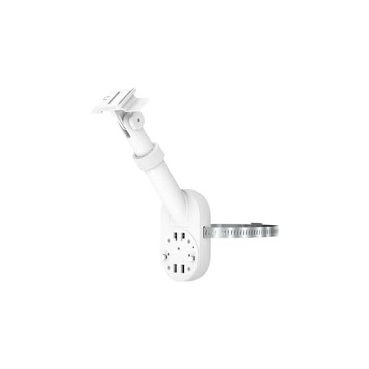 White camera pole mount with solar panel arm and mounting base plate