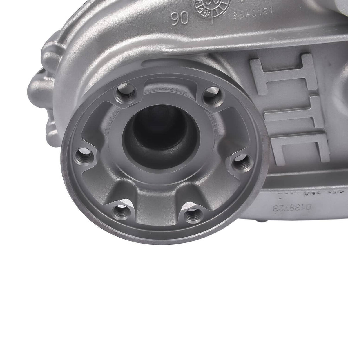 Transfer case assembly cover with circular bolt pattern and dark center opening