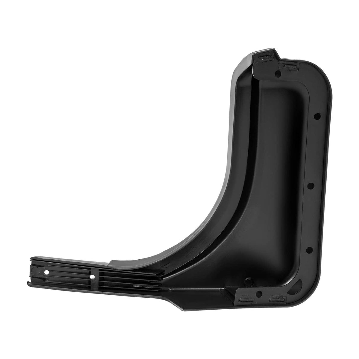 Inner view of right fender cap, black plastic with reinforcement ribs and screw points