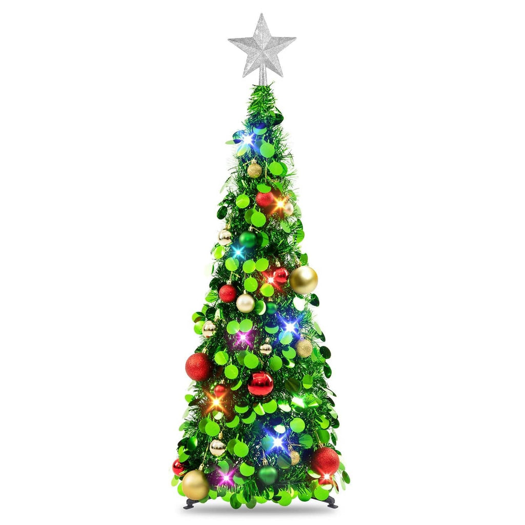 3ft collapsible tinsel Christmas tree, silver star topper, green, multicolor LED lights