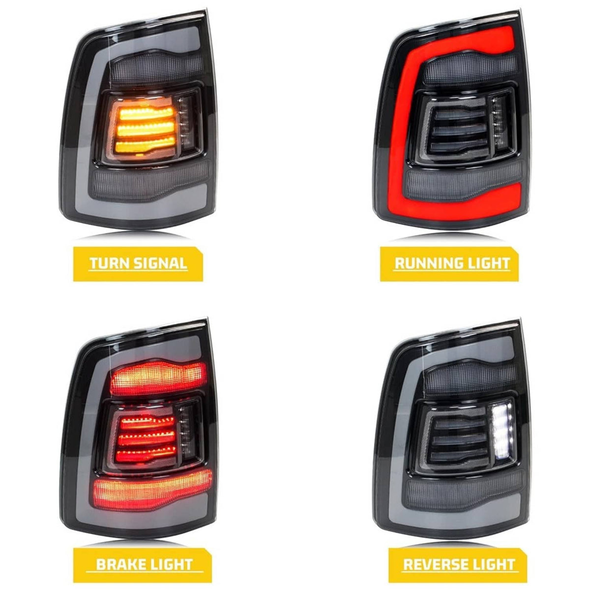LED tail lights pair showing turn, running, brake, and reverse light modes