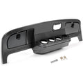 Carbon-fiber style dash cover assembly with cutouts and mounting hardware, dark gray