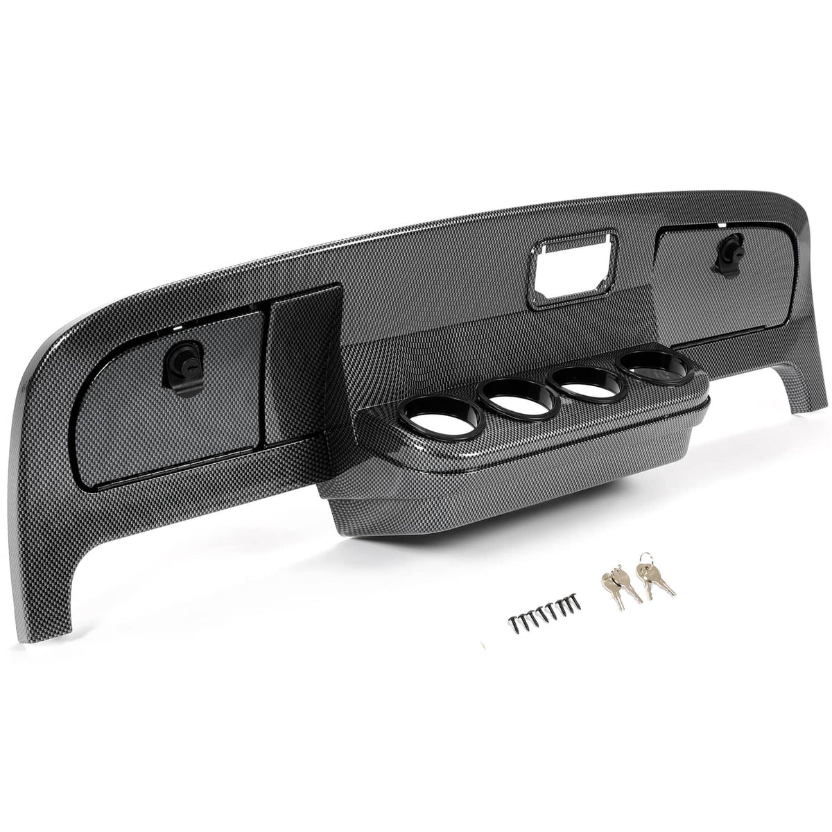 Carbon-fiber style dash cover assembly with cutouts and mounting hardware, dark gray