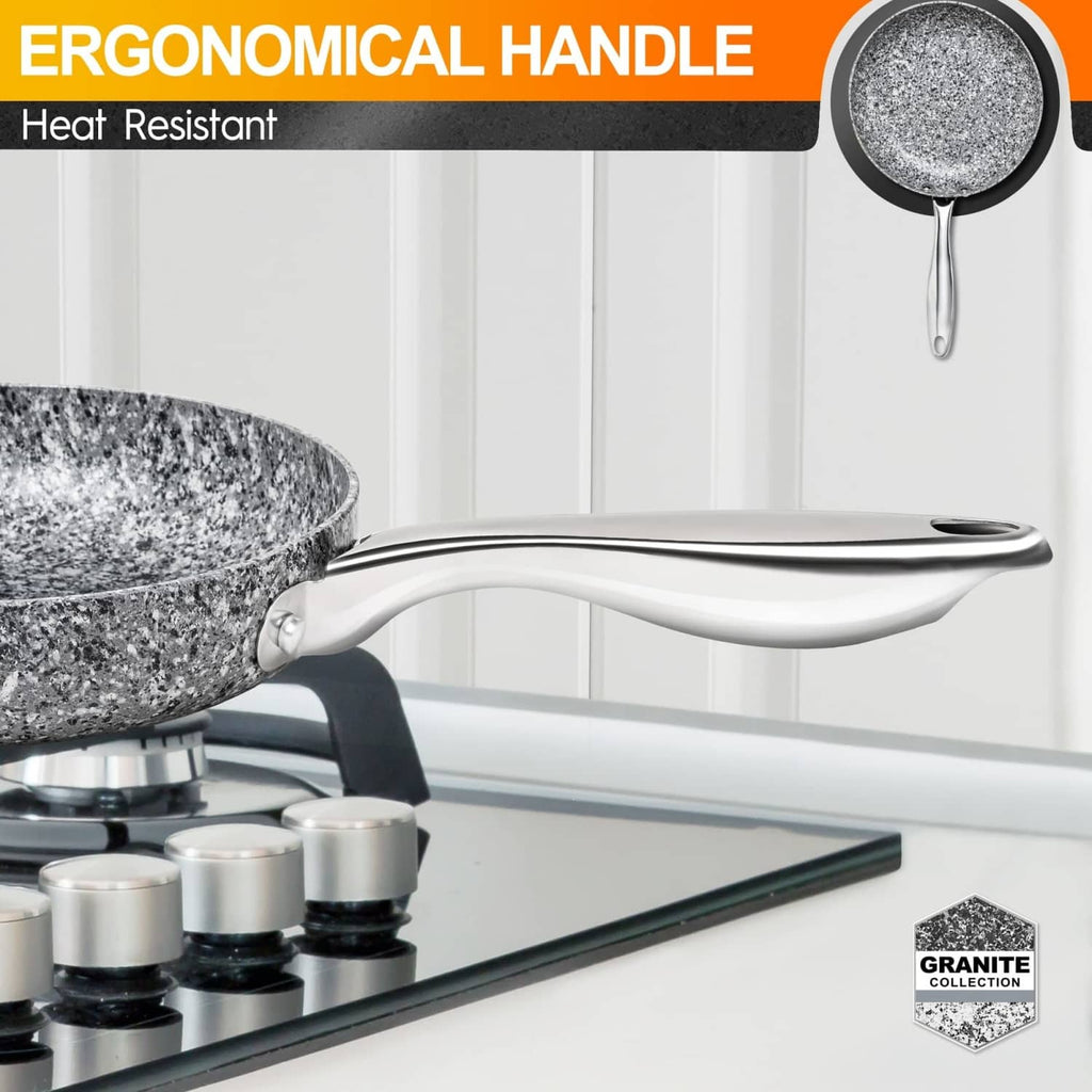 8-in gray granite nonstick frying pan with ergonomic metal handle on stovetop.