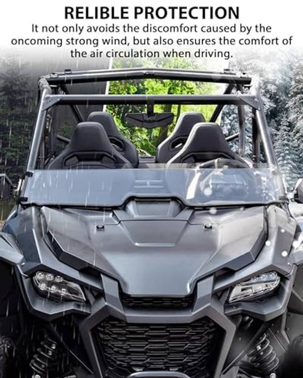 Clear UTV front half windshield installed on gray off-road vehicle
