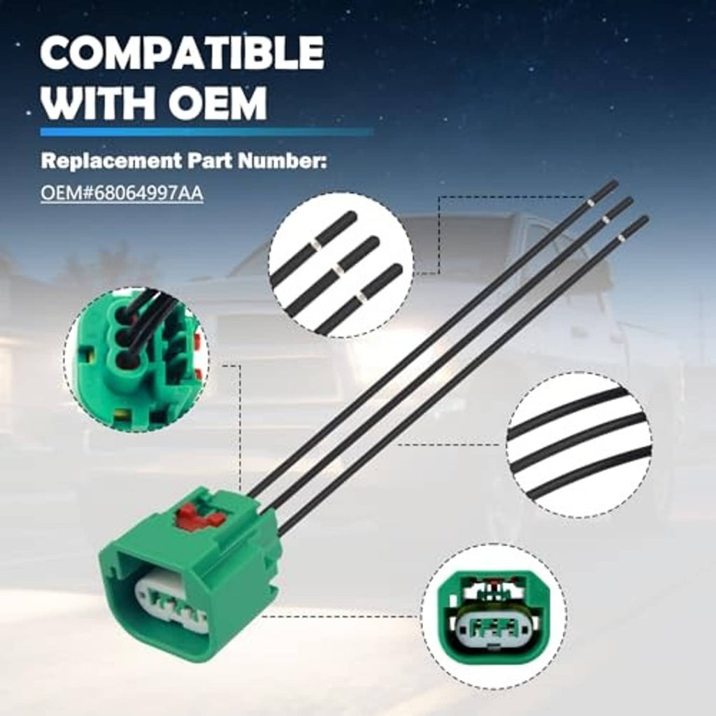 Green headlight connector plug with black wire leads and terminal insert