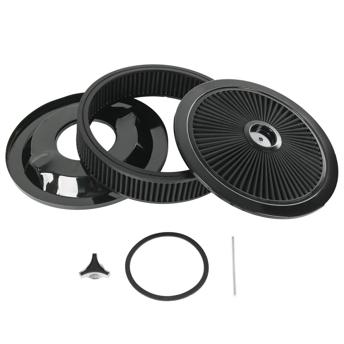 Black round high-flow washable air cleaner drop-base with pleated filter and center cap