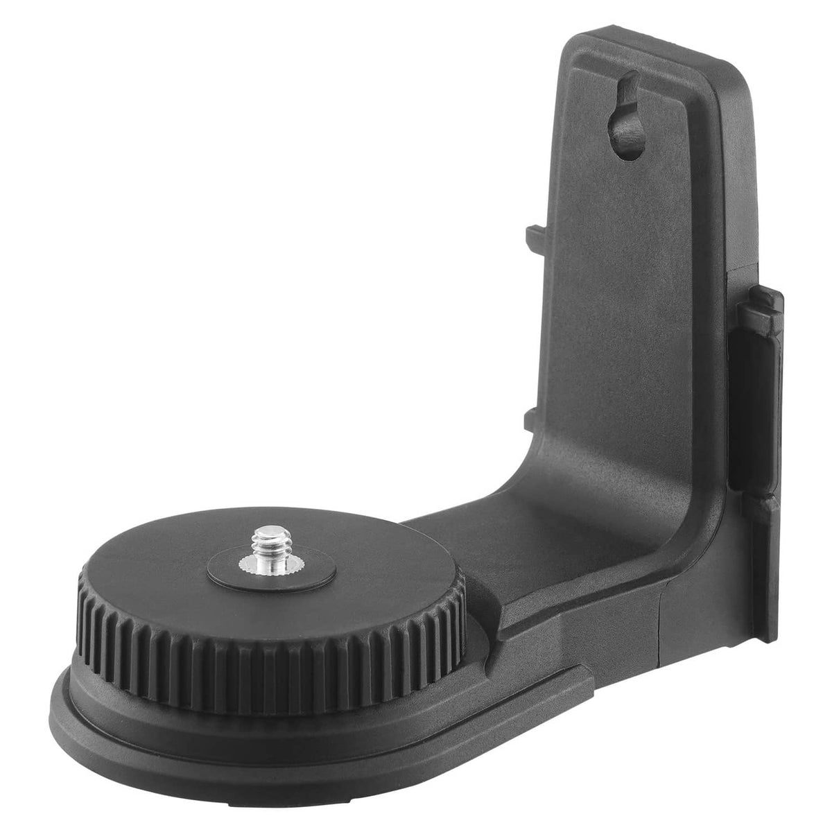 Laser level base stand with circular adjustment dial on black housing
