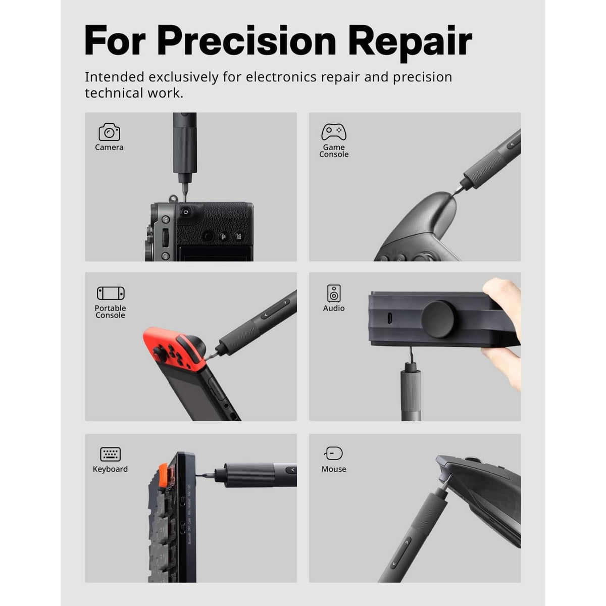 Precision electric screwdriver with bit tip shown near small electronics