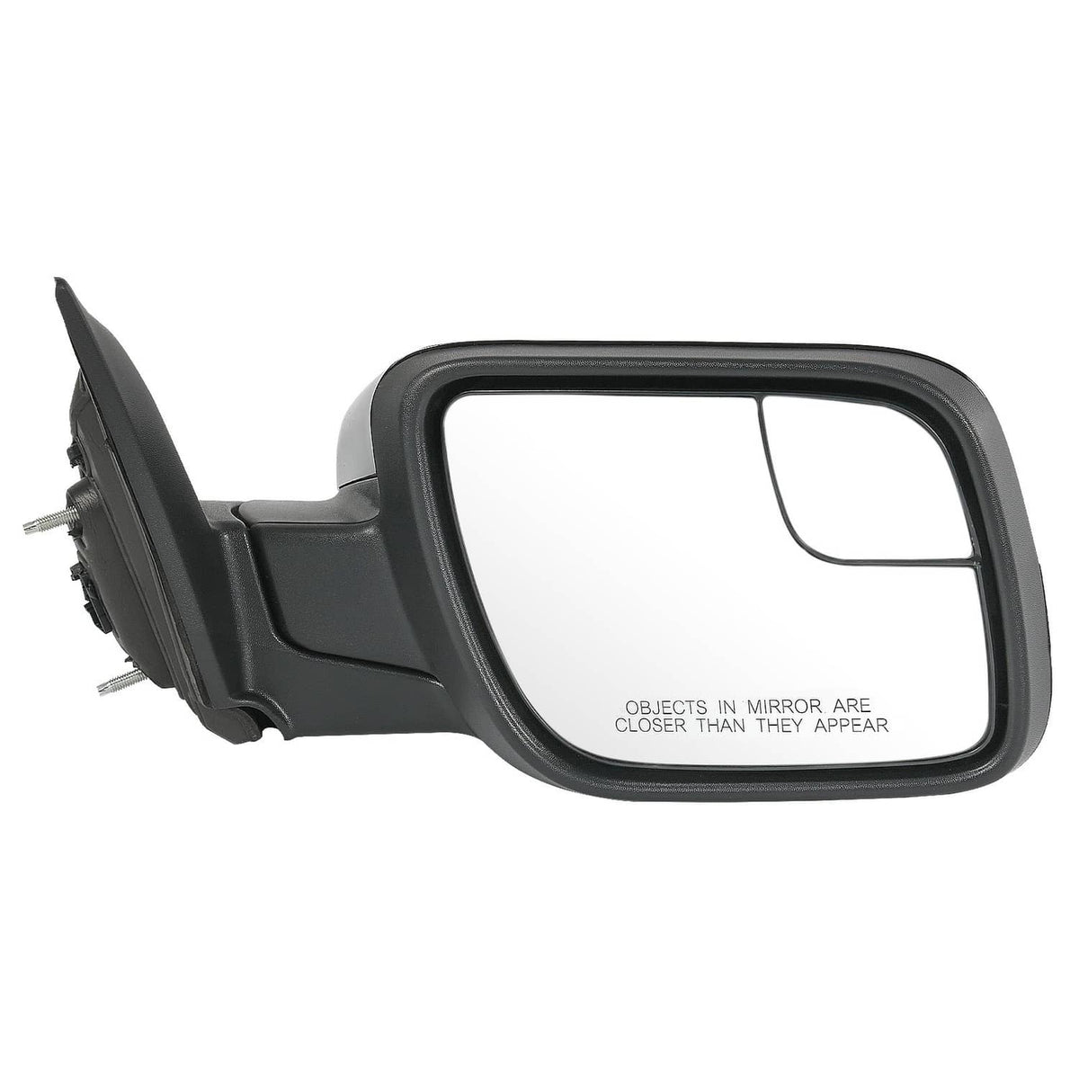 Black right passenger door mirror with clear convex glass and mounting hardware
