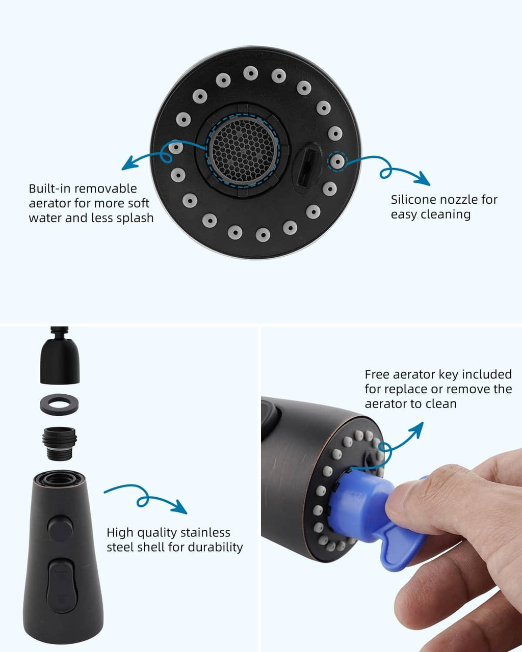Pull-down faucet aerator face with removable nozzle and silicone cleaning tip