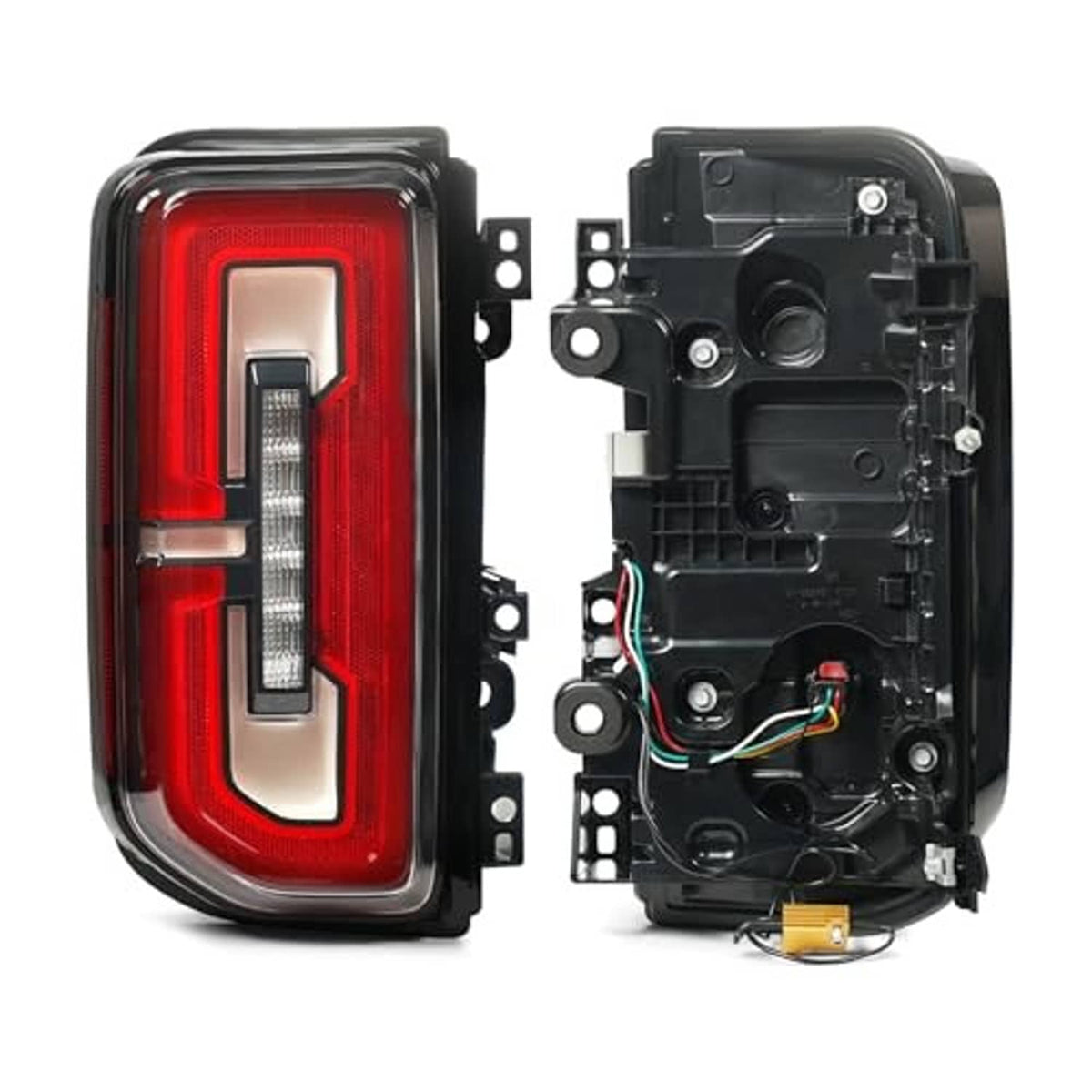 Red LED tail light with white reflector insert and visible internal wiring, pair