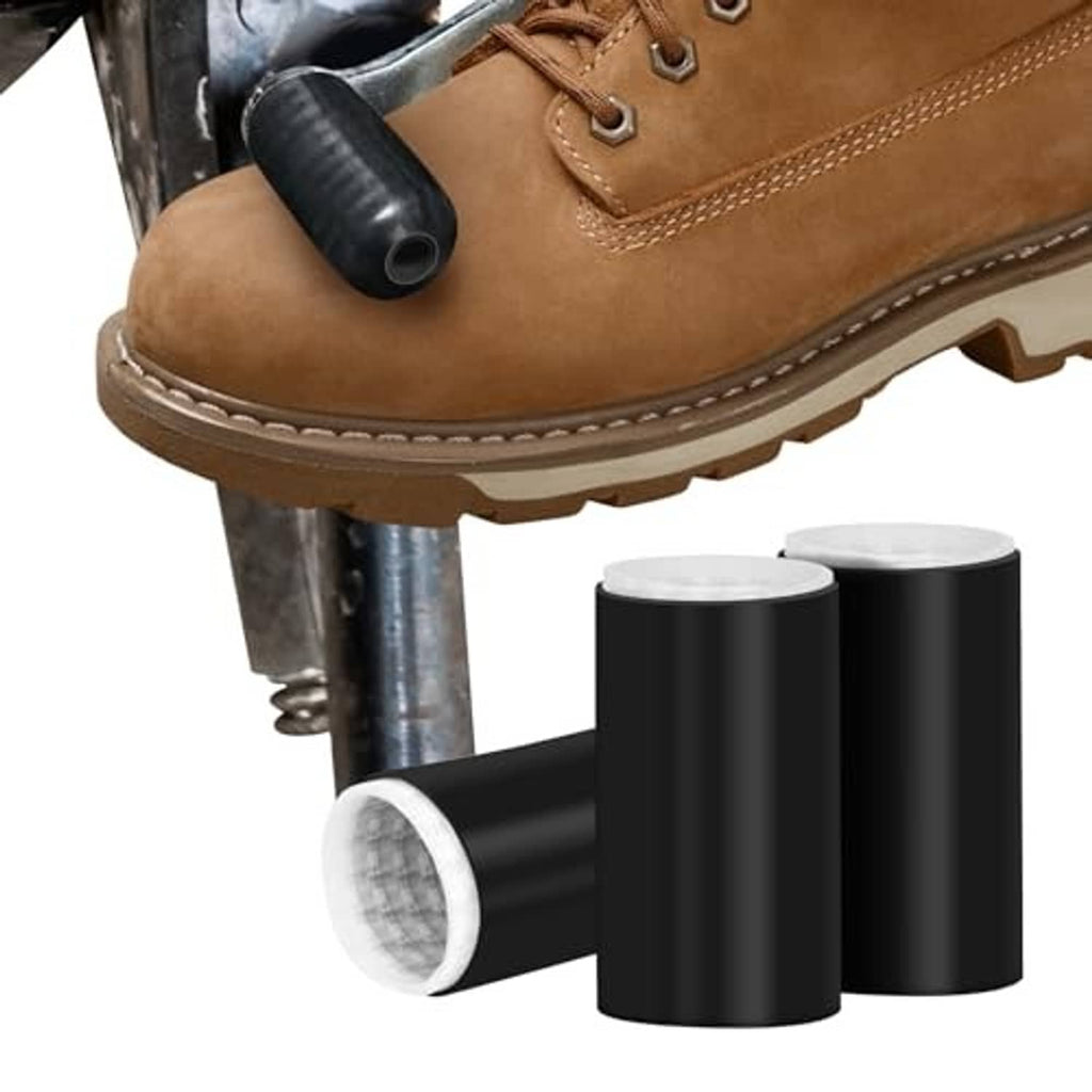 Motorcycle shifter shoe protector set: two black sleeves and one on a boot