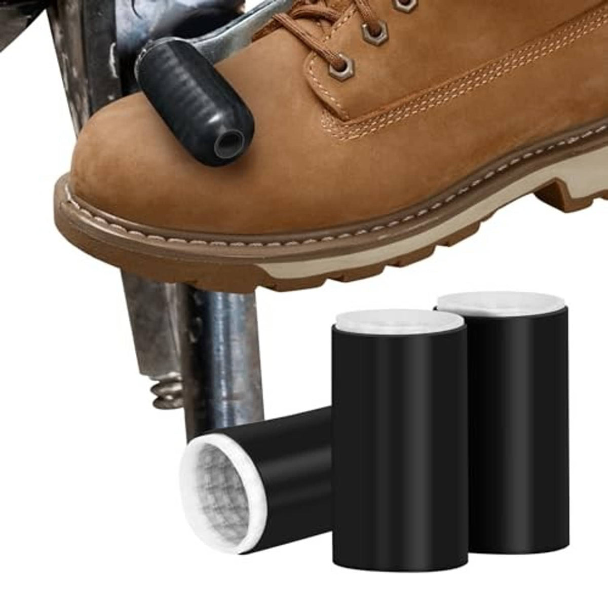 Motorcycle shifter shoe protector set: two black sleeves and one on a boot