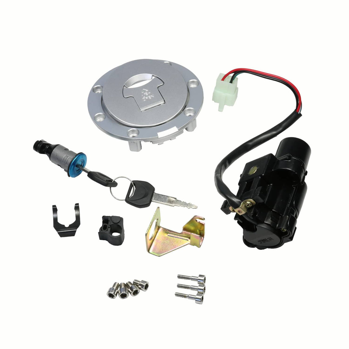 Ignition switch lock, fuel gas cap cover, wiring harness, and keys set in silver/black