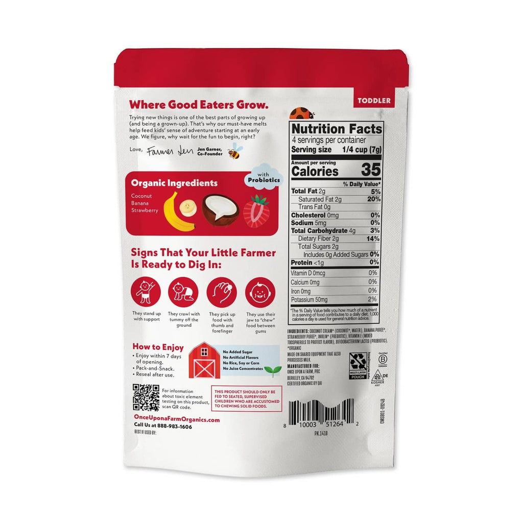 Organic coconut melts pouch back panel with Nutrition Facts and probiotic information