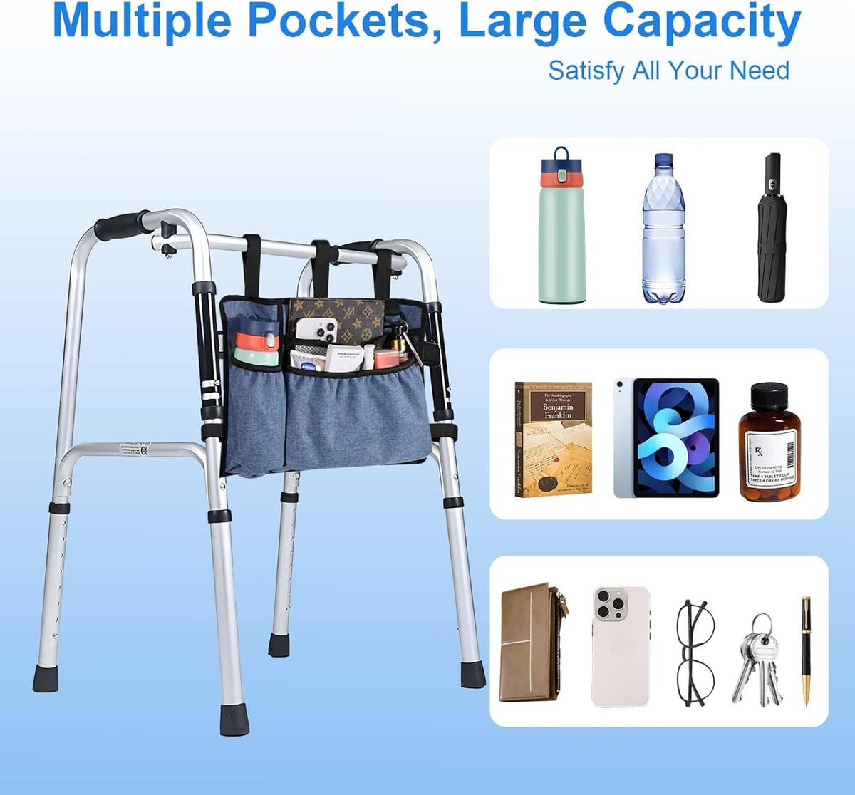 Blue denim walker bag with organizer pockets and cup sections on front