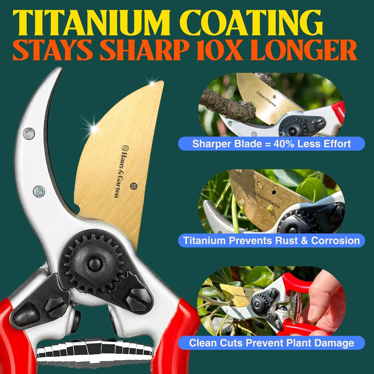 Hand pruner with gold coated blade, black gear wheel, and red grips