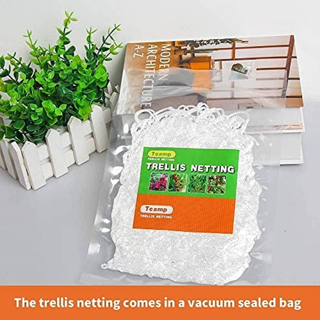 White trellis netting in vacuum-sealed bag with green and orange label