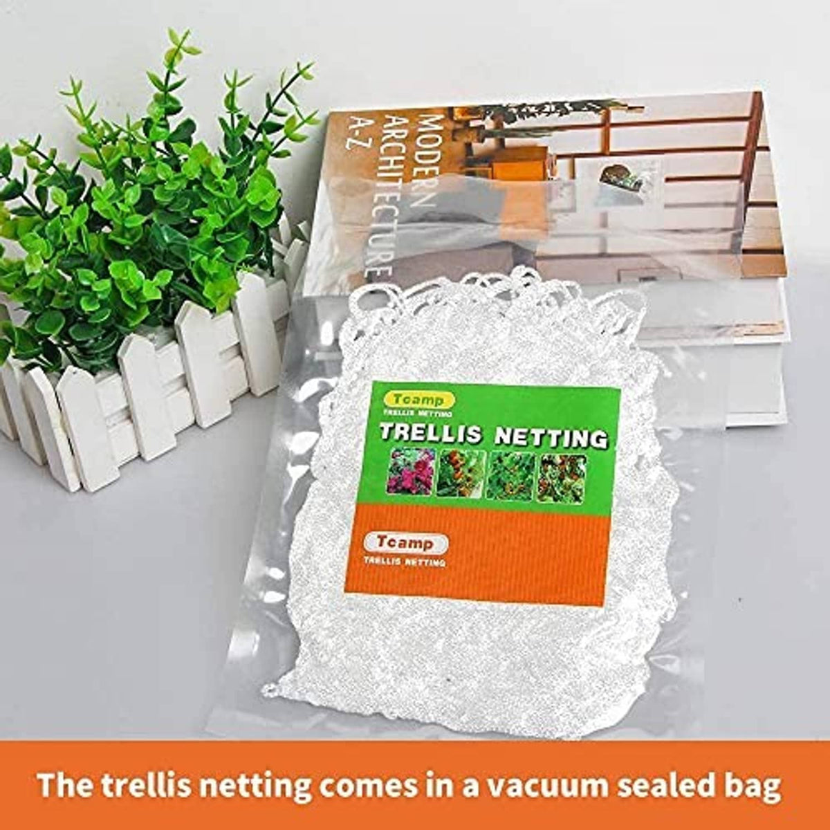 White trellis netting in vacuum-sealed bag with green and orange label