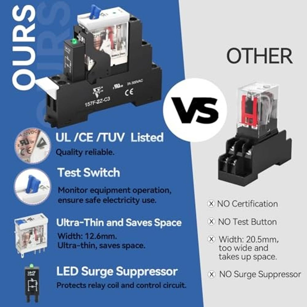 UL/CE/TUV listed 12V relay with test switch and LED surge suppressor, compact base