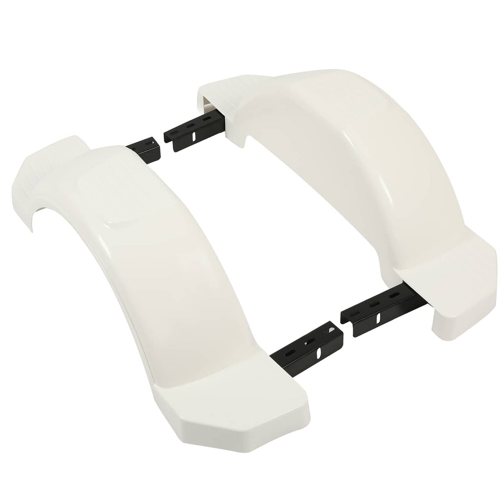 White HDPE trailer fender pair with black mounting brackets and mounting hardware