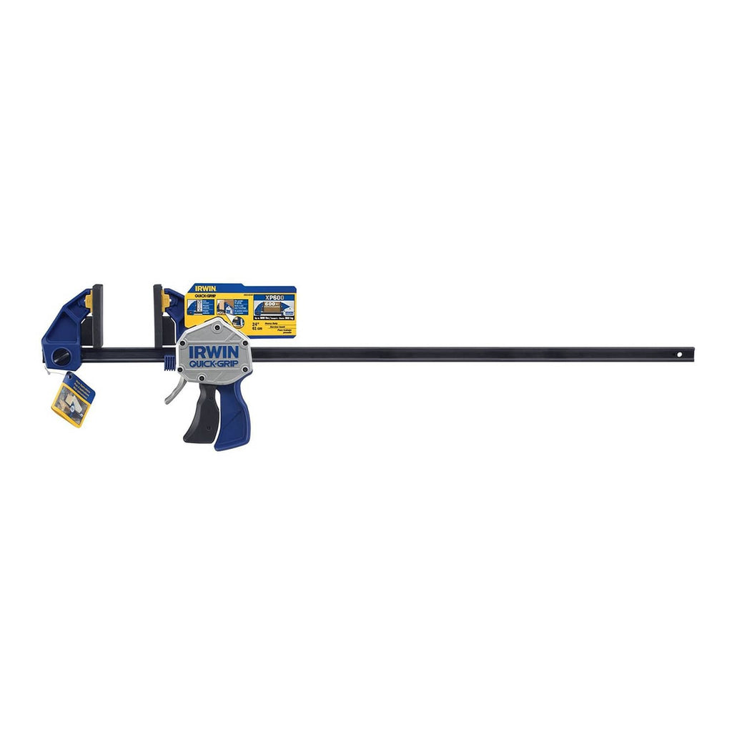 Irwin one-handed bar clamp with long black bar and blue jaw, shown with retail packaging.