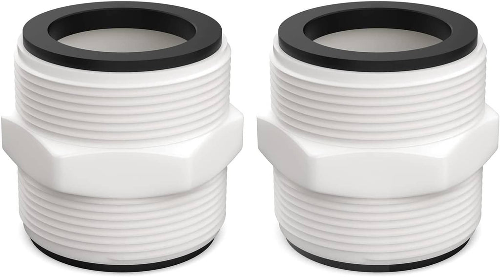 2-pack pool split hose connector replacement, white plastic with black gasket seals, threaded ends
