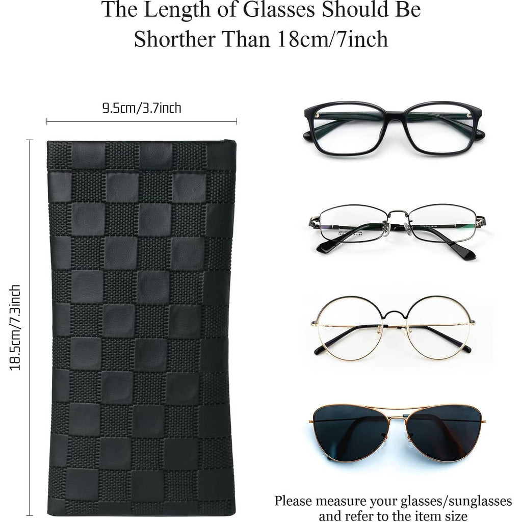 Black checkered squeeze-top sunglasses case with size measurement on front view