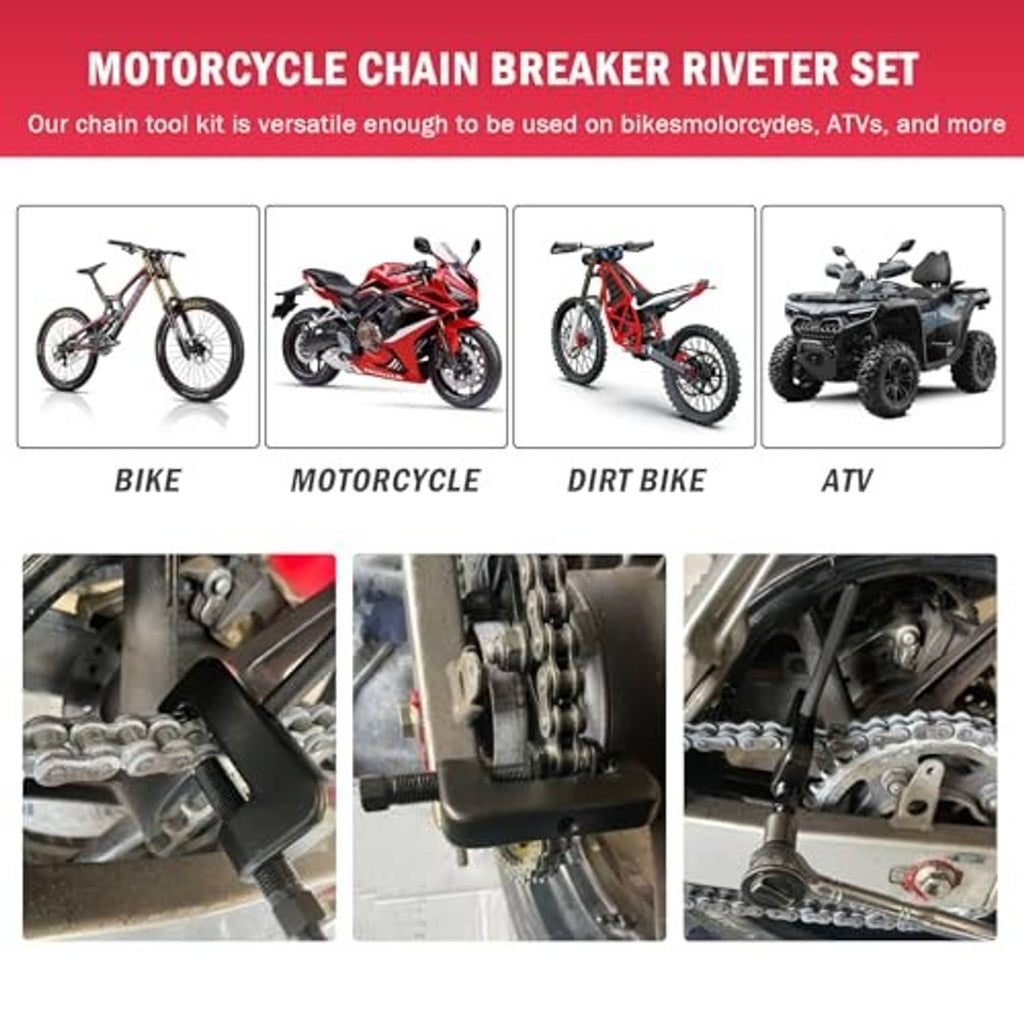 Chain breaker riveter set with assorted pins and punches for motorcycle chains