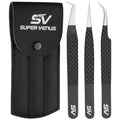Black SV lash extension tweezers set with 3 fiber-tip tools in a black pouch
