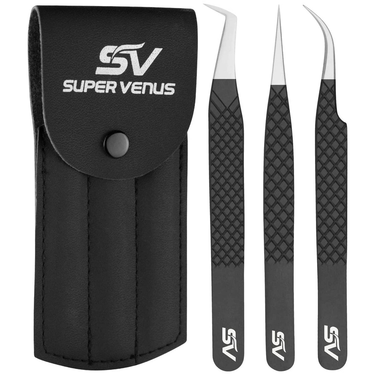 Black SV lash extension tweezers set with 3 fiber-tip tools in a black pouch