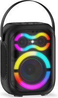 Portable Bluetooth speaker with black body and multicolor RGB light rings on front grille