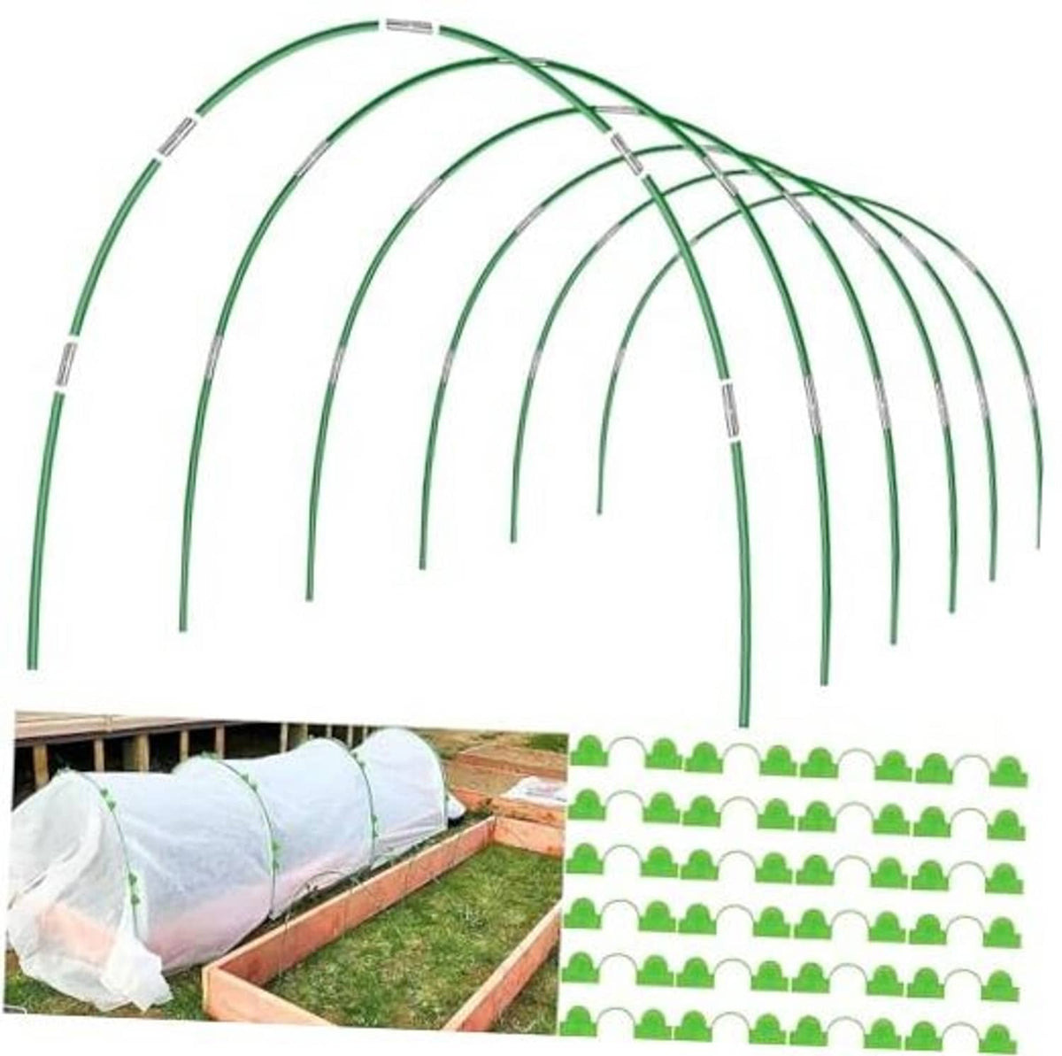 Green fiberglass raised-bed grow tunnel hoops, arched set with connector sleeves