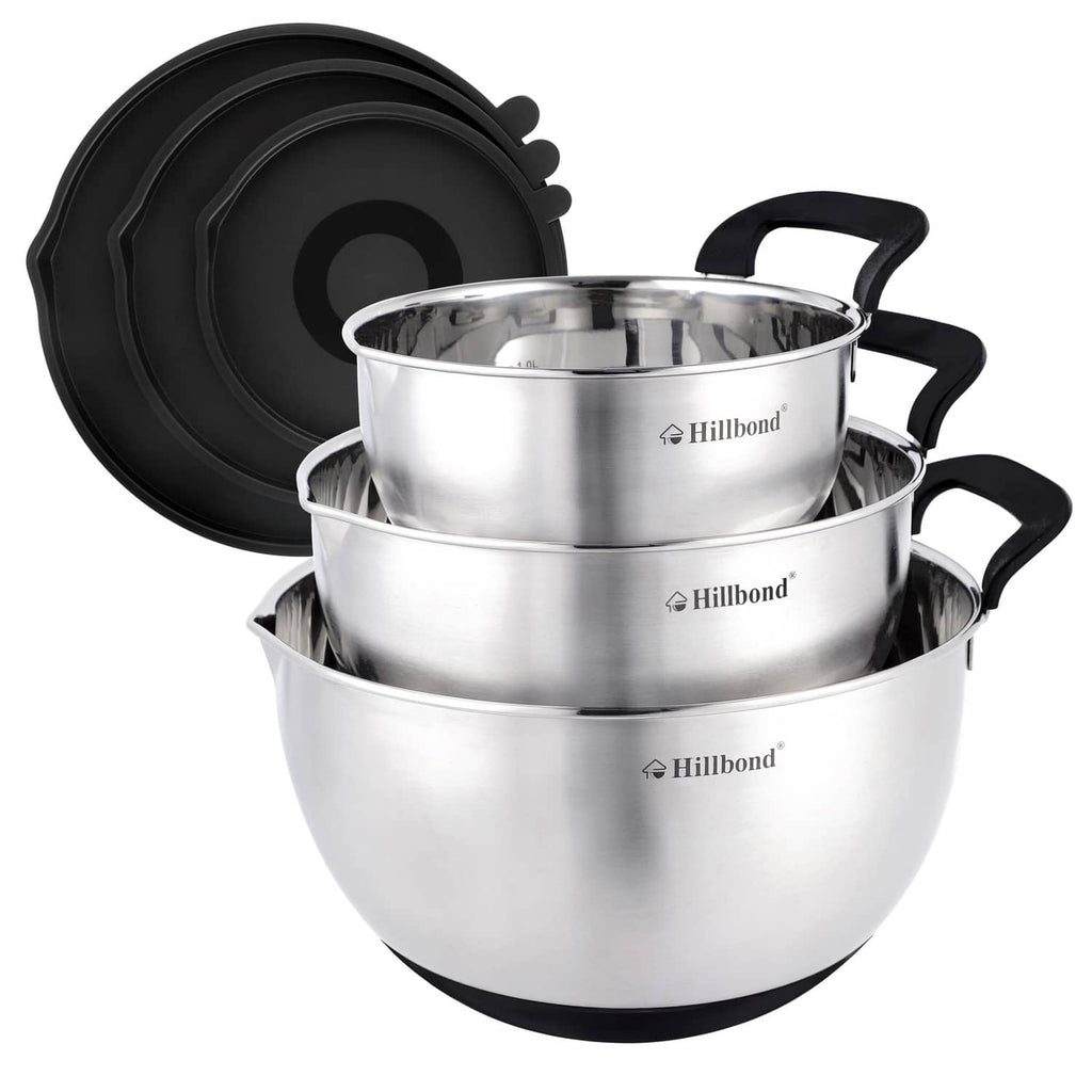 Stainless steel mixing bowls set with black lids and handles, 3-piece stack
