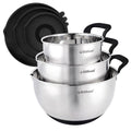 Stainless steel mixing bowls set with black lids and handles, 3-piece stack