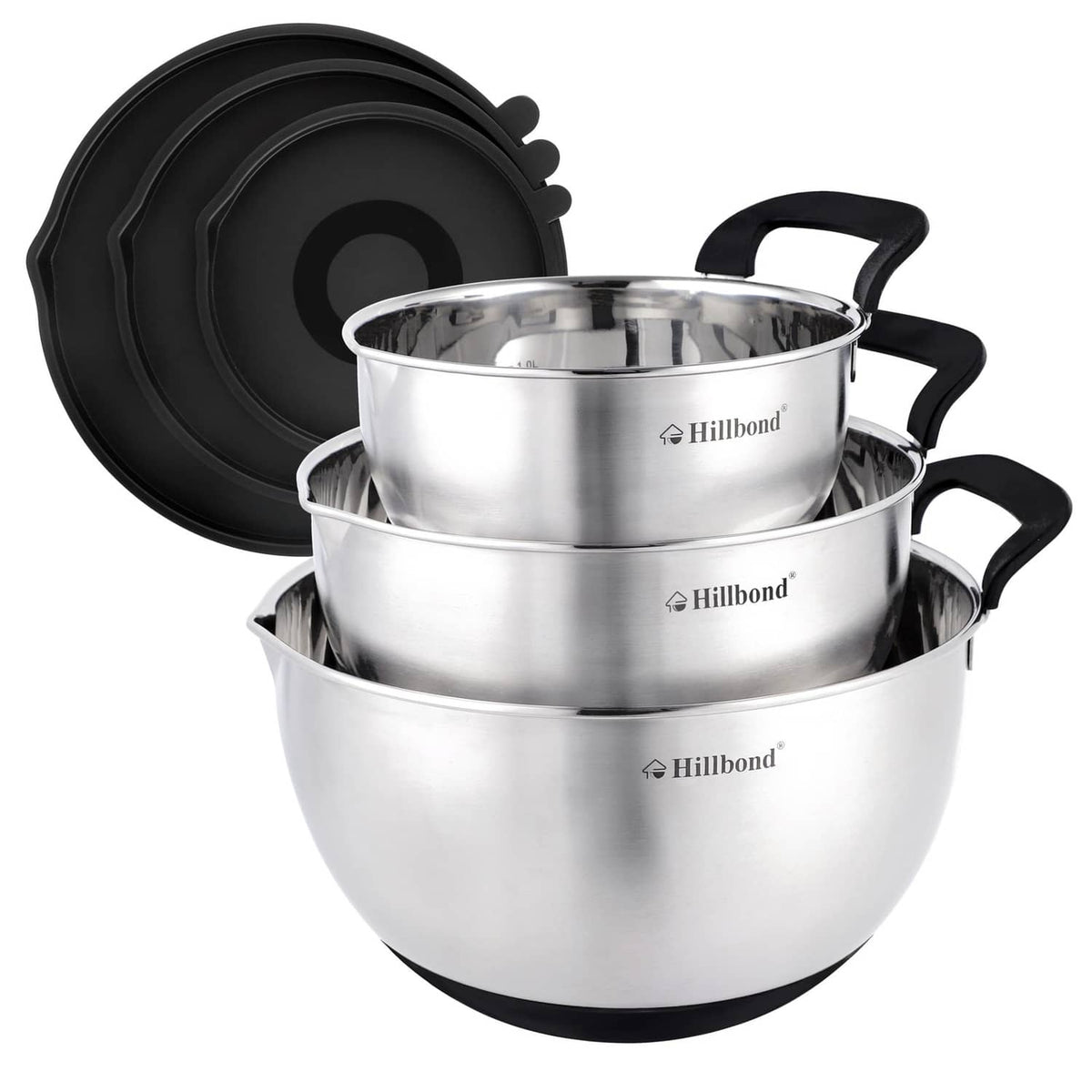 Stainless steel mixing bowls set with black lids and handles, 3-piece stack