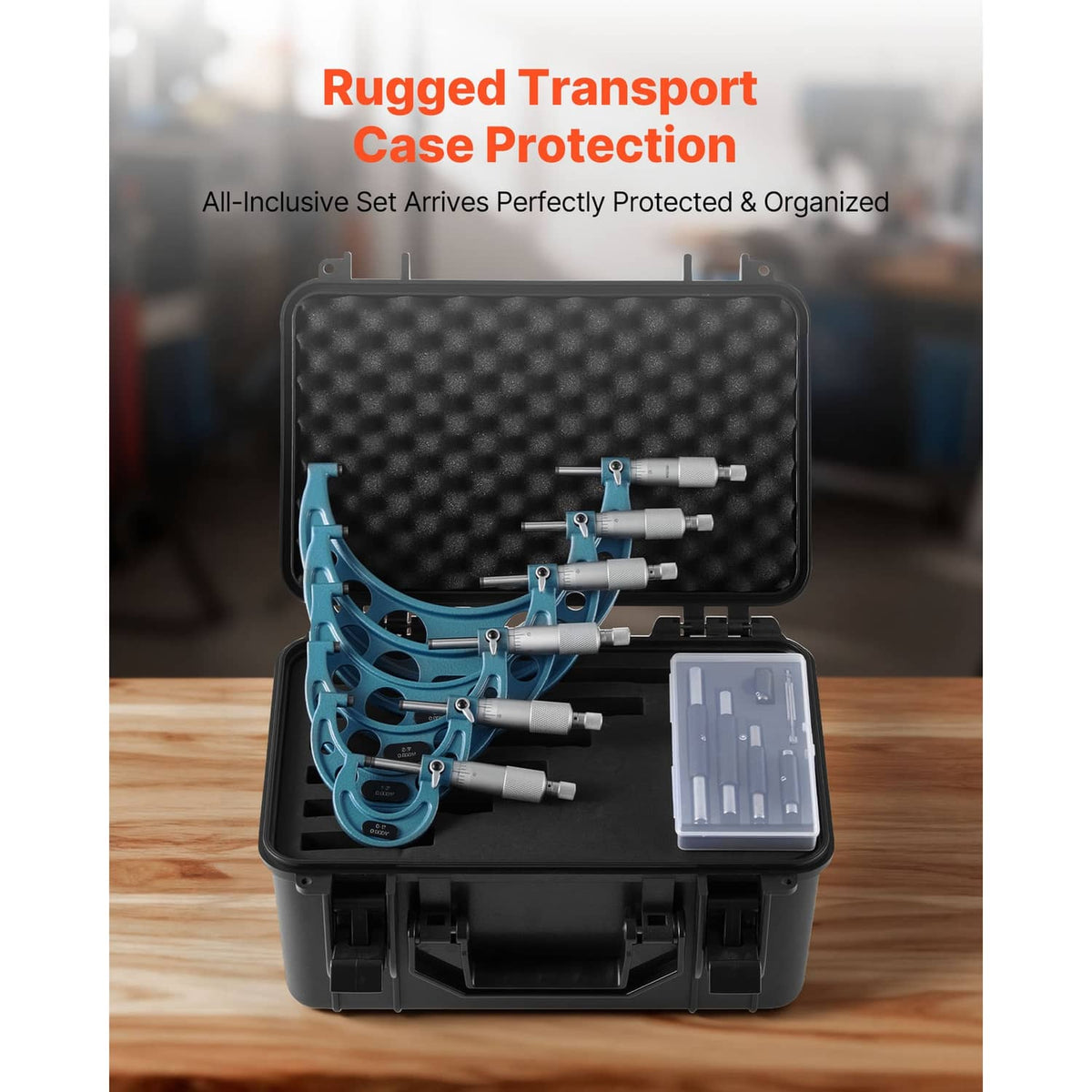 Uimoso micrometer set in black hard case with molded foam and tools