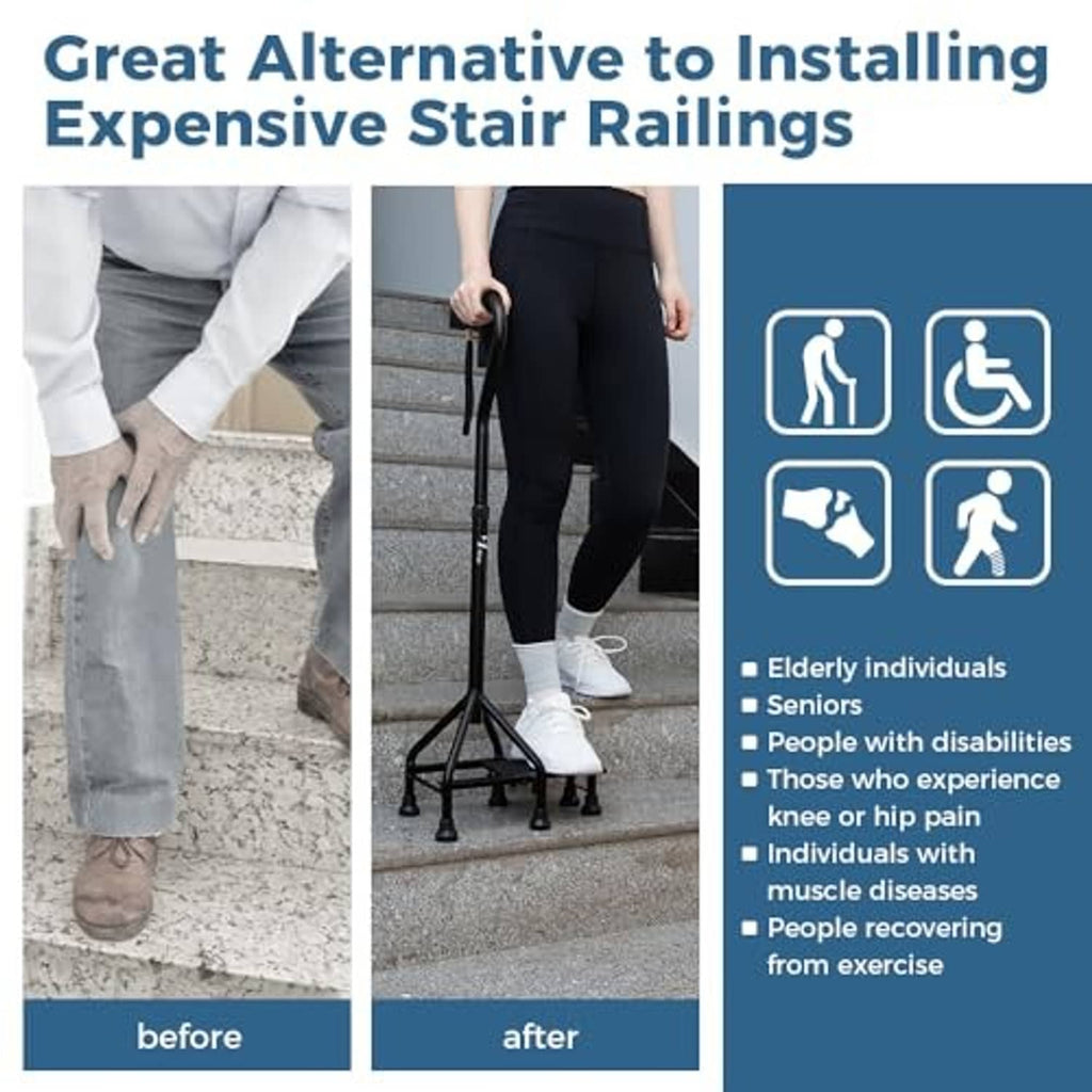 Stair-climbing assist cane helping a person navigate steps, with non-slip platform base