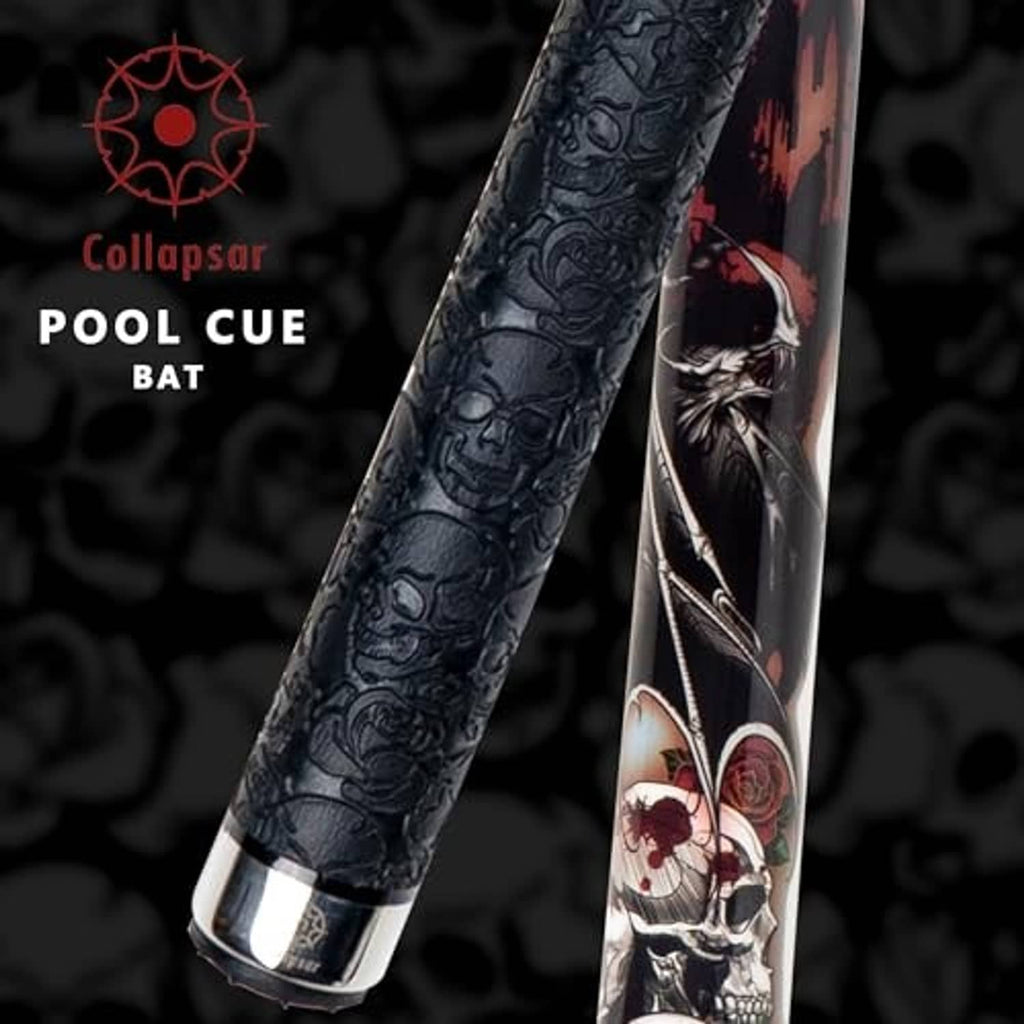 Close-up of black patterned pool cue shaft with skull-and-rose detail on the butt