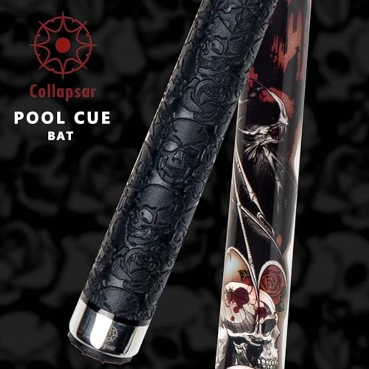 Close-up of black patterned pool cue shaft with skull-and-rose detail on the butt
