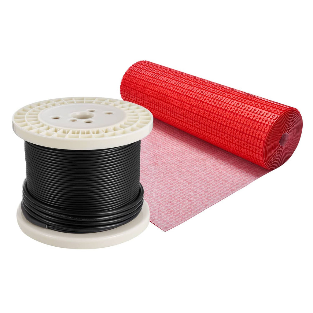Floor heating mat roll with red mesh and black cable spool