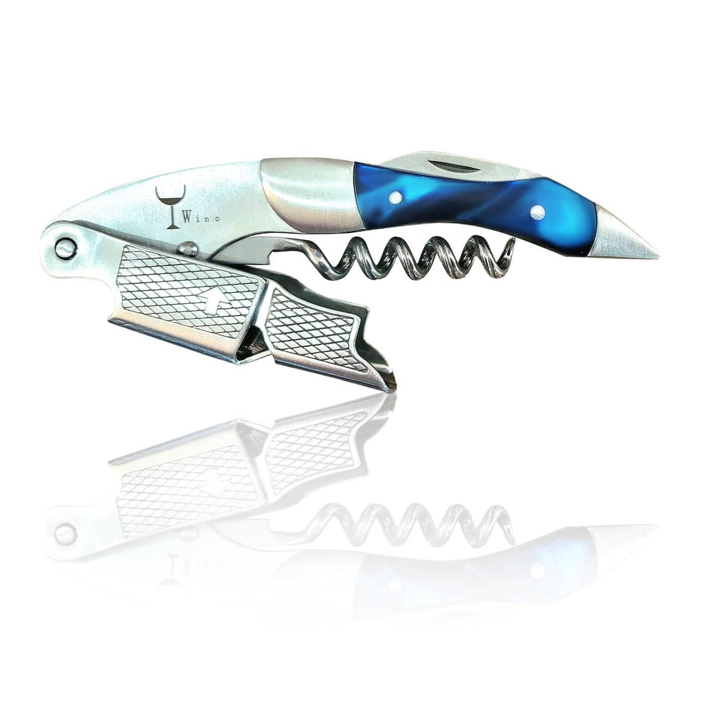 Stainless wine corkscrew with blue handle, textured grip, and cork pull spiral