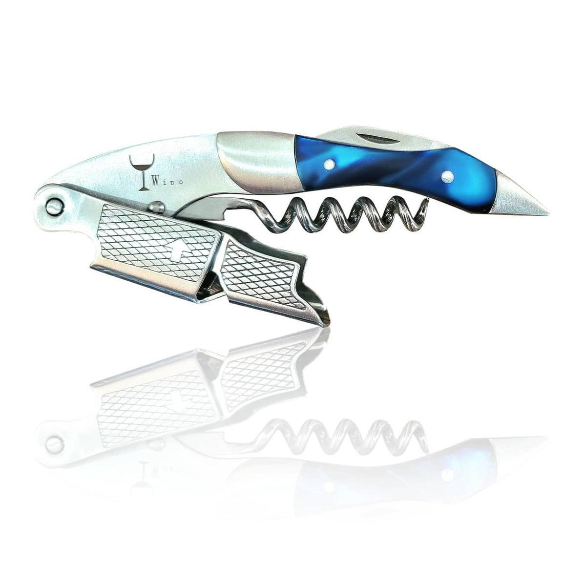 Stainless wine corkscrew with blue handle, textured grip, and cork pull spiral