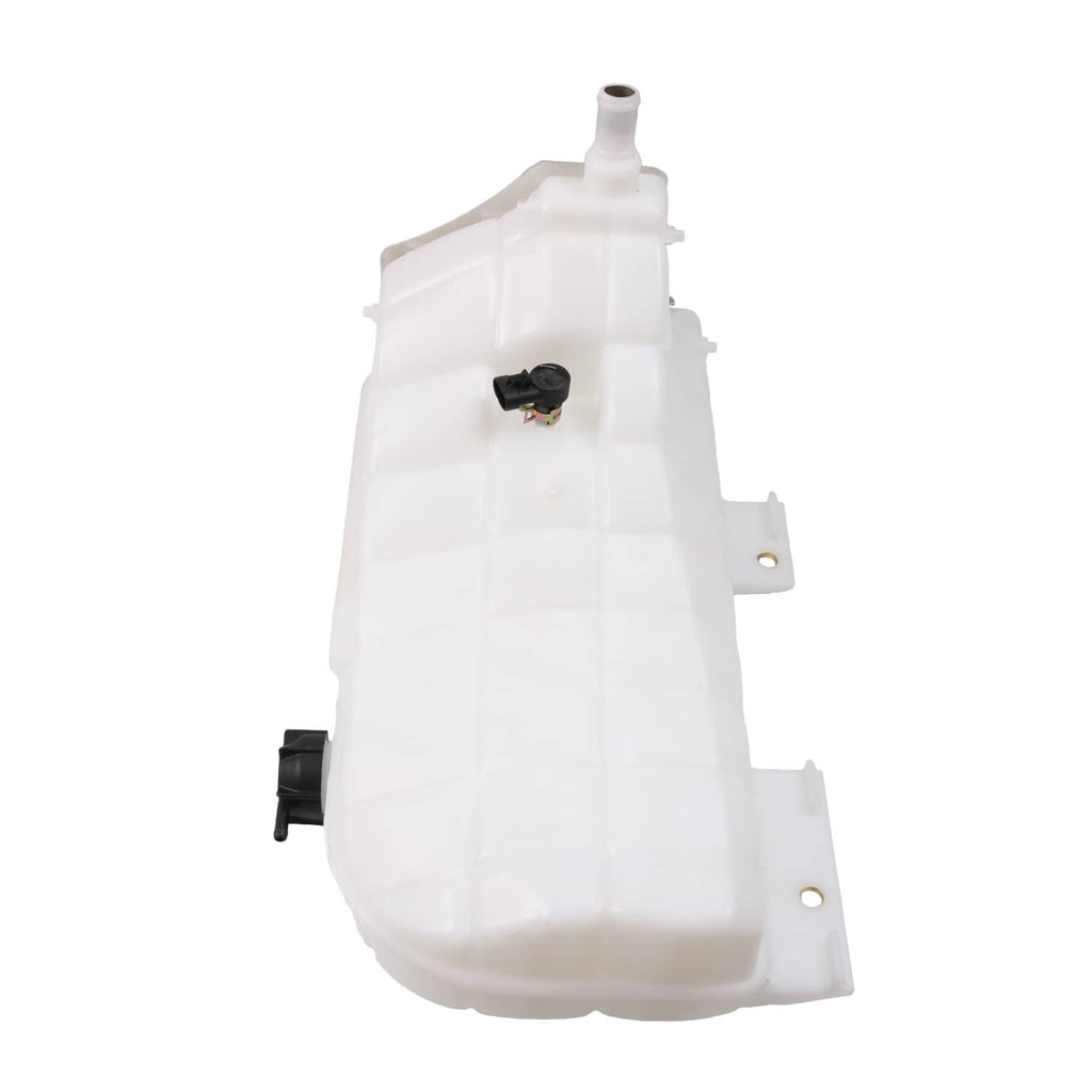Coolant recovery reservoir tank bottle with attached sensor and mounting bracket, white plastic